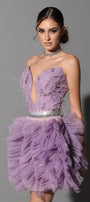 MINI SKIRT AND CROP TOP SET BERENICE SEQUIN FEATHERS GLITTER TULLE LAVENDER
