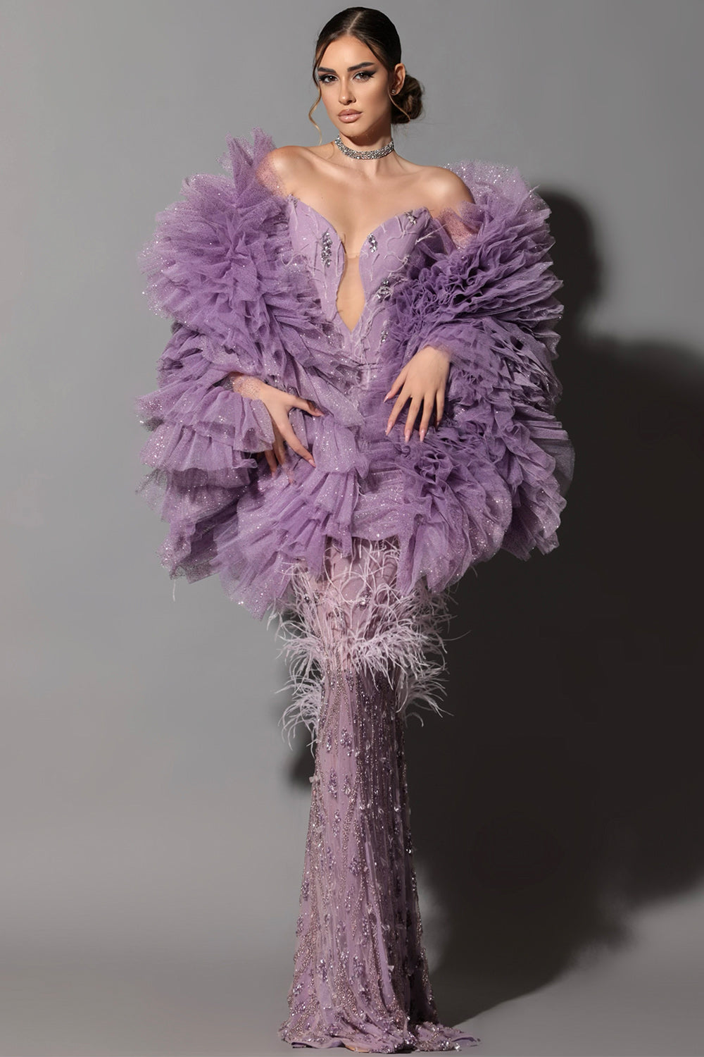 modern damara dresses MAXI SKIRT AND CROP TOP AND SCARF SET DAMARA RHINESTONE FEATHERS GLITTER TULLE LAVENDER uni 1 (XS - S