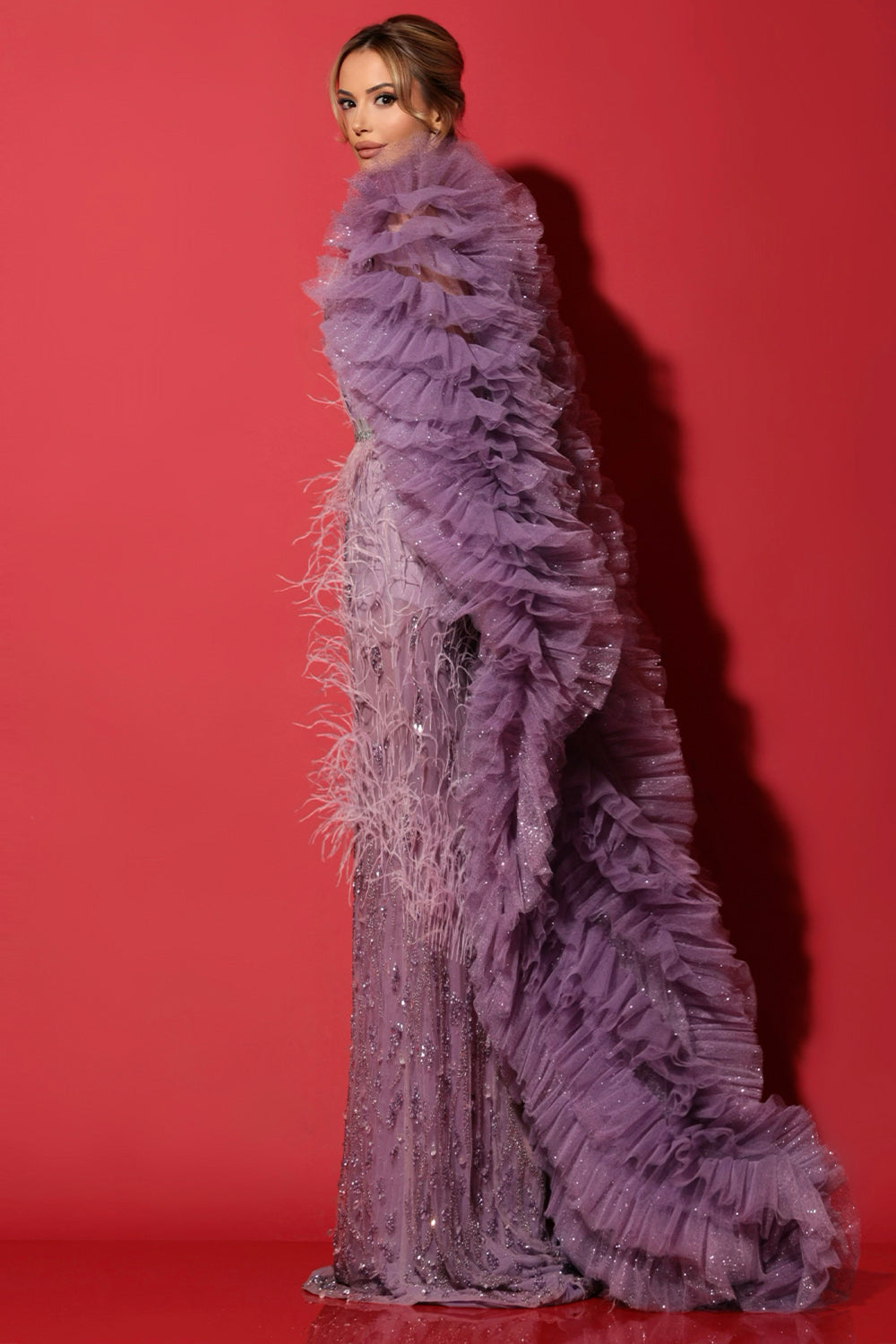 MAXI SKIRT AND CROP TOP AND SCARF SET VIVIA LACE FEATHERS GLITTER TULLE LAVENDER