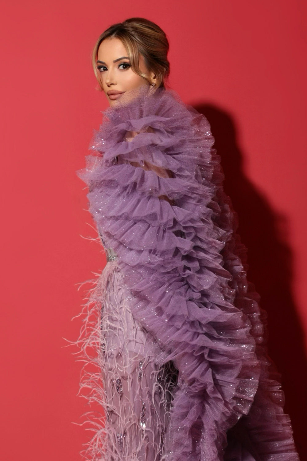 MAXI SKIRT AND CROP TOP AND SCARF SET VIVIA LACE FEATHERS GLITTER TULLE LAVENDER