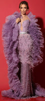 MAXI SKIRT AND CROP TOP AND SCARF SET VIVIA LACE FEATHERS GLITTER TULLE LAVENDER