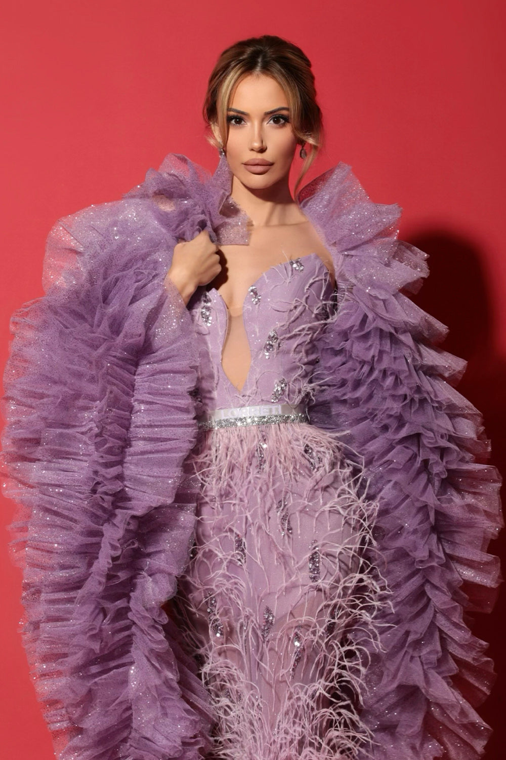 MAXI SKIRT AND CROP TOP AND SCARF SET VIVIA LACE FEATHERS GLITTER TULLE LAVENDER