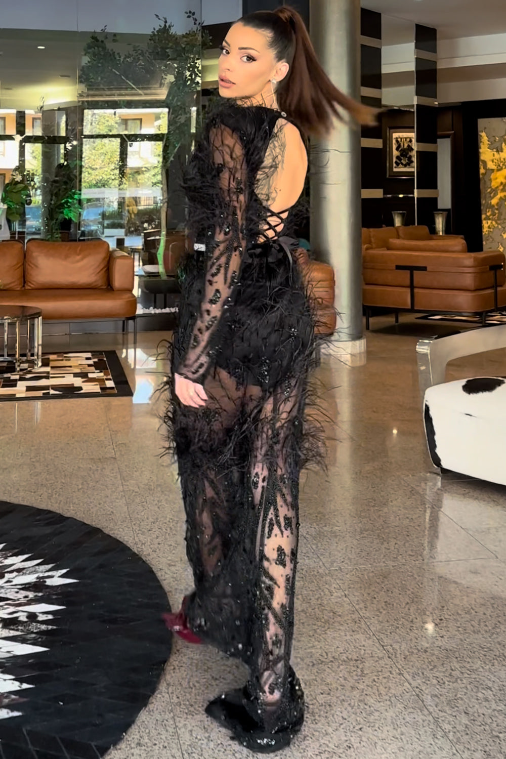 MAXI SKIRT AND CROP TOP SET ROSETTA LACE FEATHERS BLACK