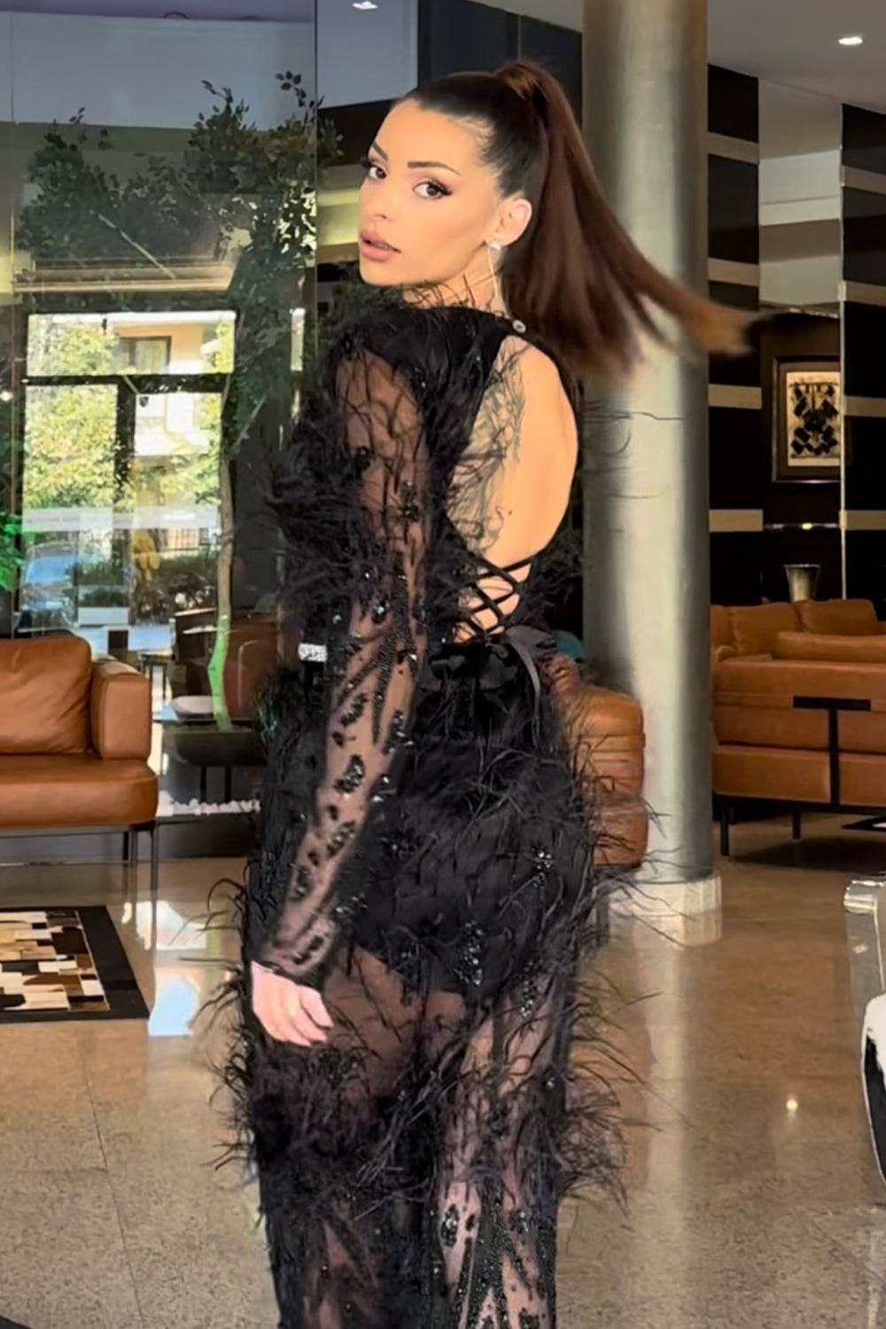 MAXI SKIRT AND CROP TOP SET ROSETTA LACE FEATHERS BLACK