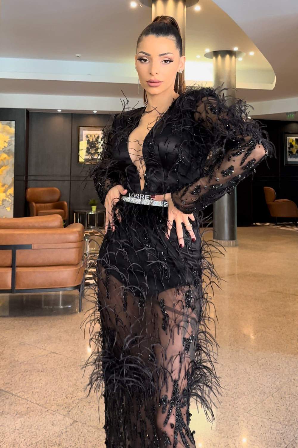 MAXI SKIRT AND CROP TOP SET ROSETTA LACE FEATHERS BLACK