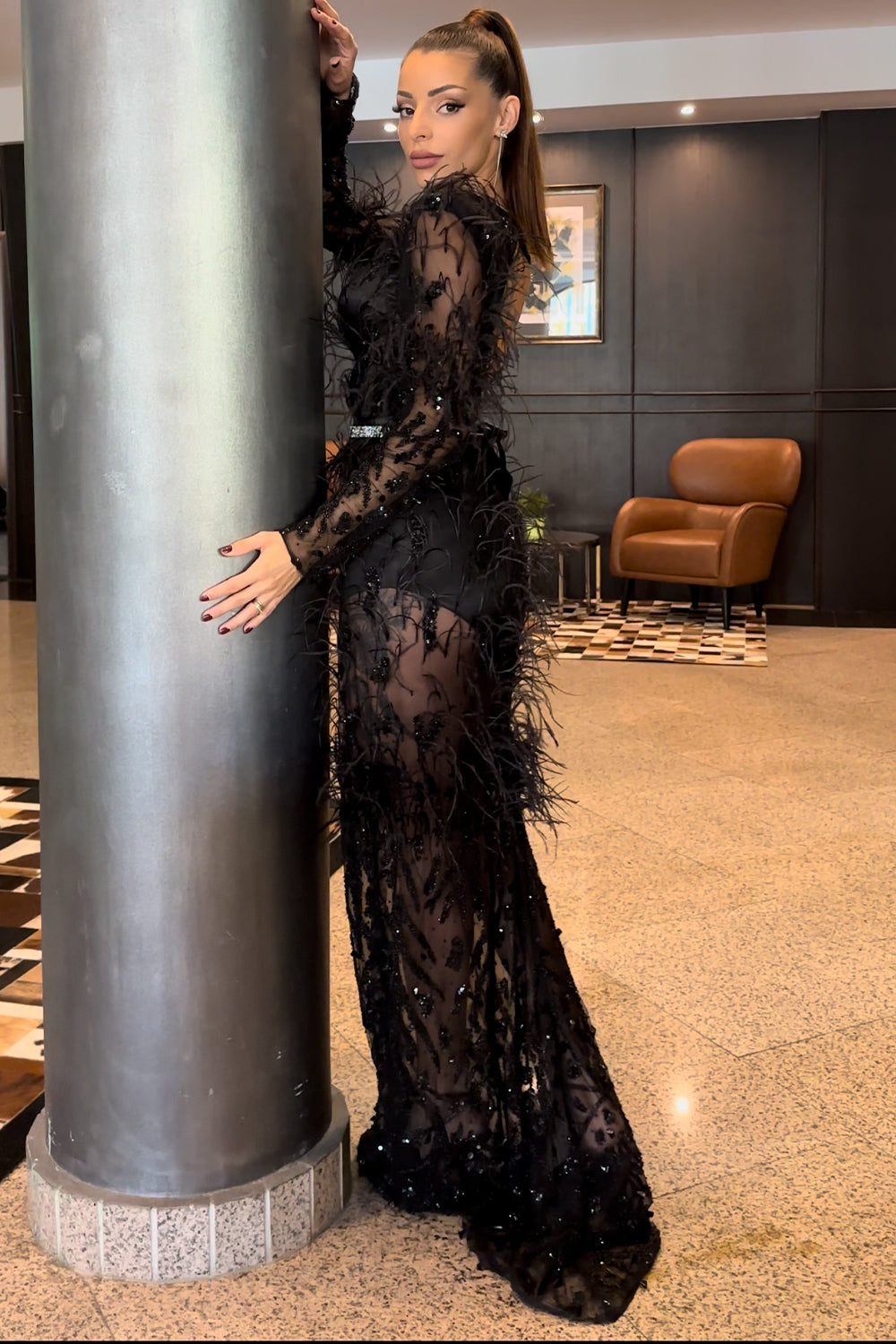 MAXI SKIRT AND CROP TOP SET ROSETTA LACE FEATHERS BLACK