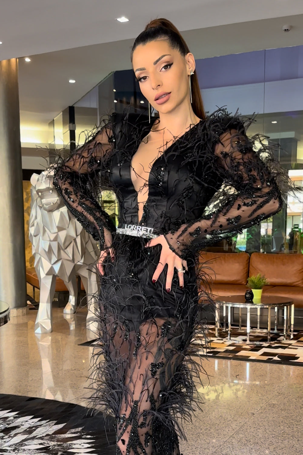 MAXI SKIRT AND CROP TOP SET ROSETTA LACE FEATHERS BLACK