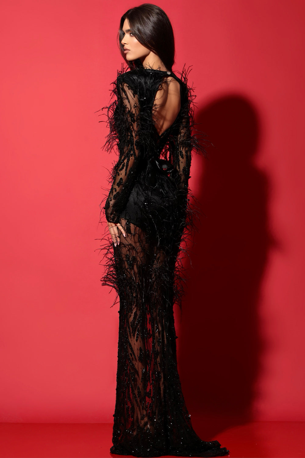 MAXI SKIRT AND CROP TOP SET ROSETTA LACE FEATHERS BLACK