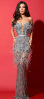 MAXI CONJUNTO TOP CON FALDA DONATELLA ЕNCAJE PLUMAS PLATEADO