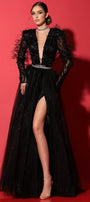 MAXI SKIRT AND CROP TOP SET SANTRA LACE FEATHERS GLITTER TULLE BLACK