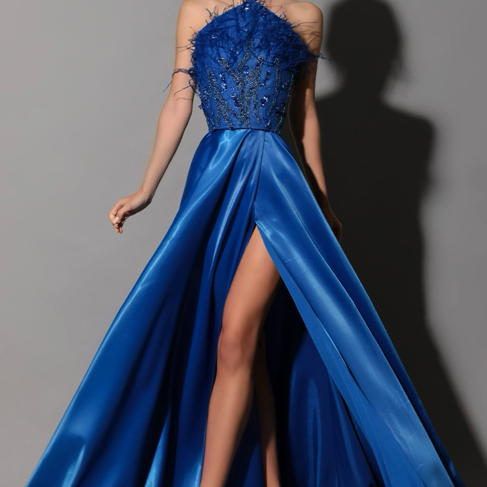 MAXI SET TOP CON GONNA HELENA PIUME PIZZO GLITTERATO RASO BLU COBALTO