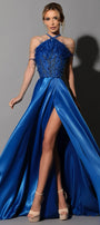 MAXI SET TOP CON GONNA HELENA PIUME PIZZO GLITTERATO RASO BLU COBALTO