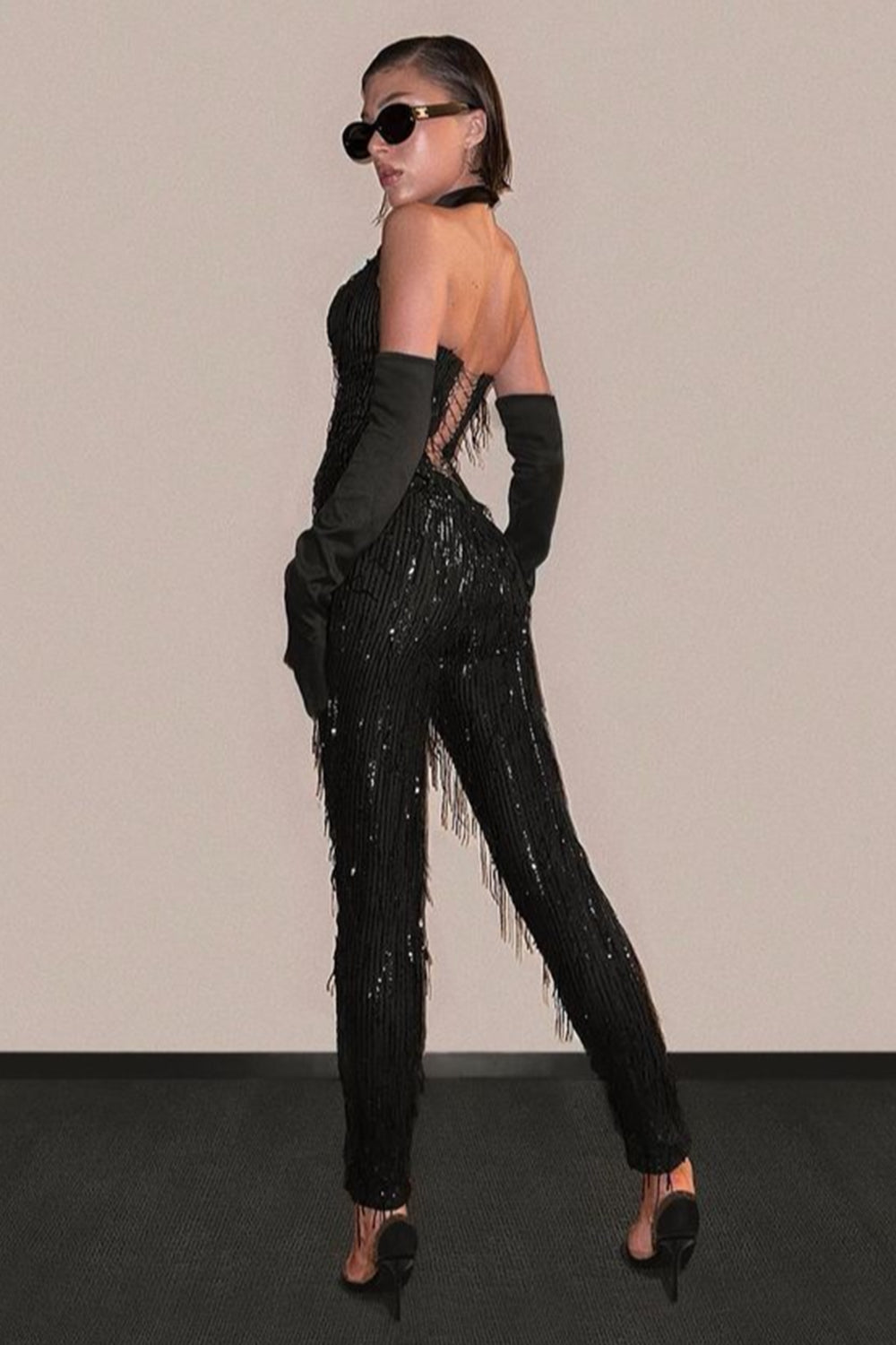 MAXI CROP TOP AND PANTS SET ALIANNA 3 PARTS SEQUIN BLACK