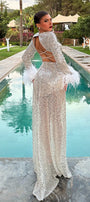 MAXI SKIRT AND CROP TOP SET HELEN SEQUIN FEATHERS SILVER