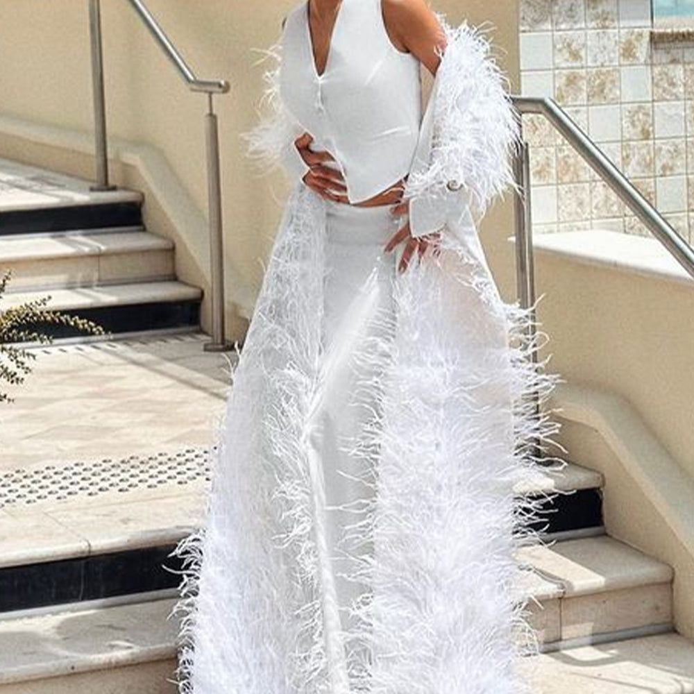 MAXI SKIRT AND CROP TOP SET 4 PARTS KATE SATIN FEATHERS WHITE