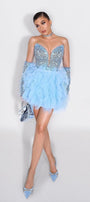 MINI SKIRT AND CROP TOP SET AMORE 3 PARTS SEQUIN TULLE LIGHT BLUE