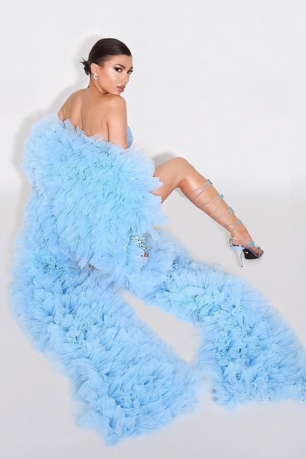 MAXI SKIRT AND CROP TOP SET 4 PARTS BROOKE SEQUIN TULLE LIGHT BLUE