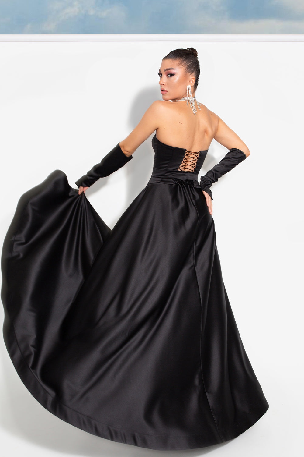 MAXI SKIRT AND CROP TOP SET SEBASTIANA SATIN BLACK