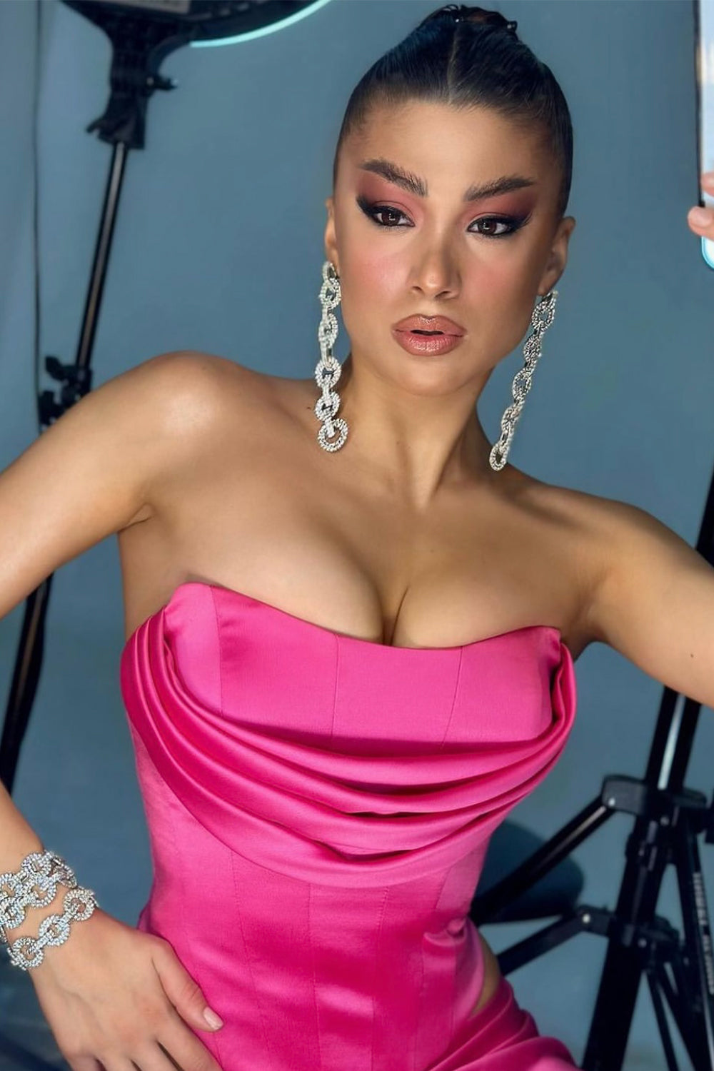 MAXI SKIRT AND CROP TOP SET 2 PARTS VERONICA SATIN FEATHERS HOT PINK