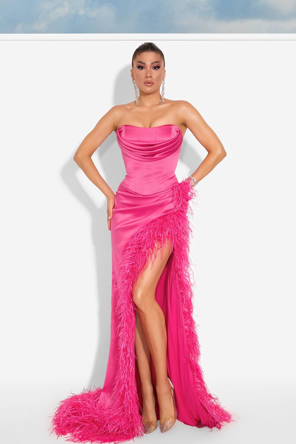 MAXI SKIRT AND CROP TOP SET 2 PARTS VERONICA SATIN FEATHERS HOT PINK