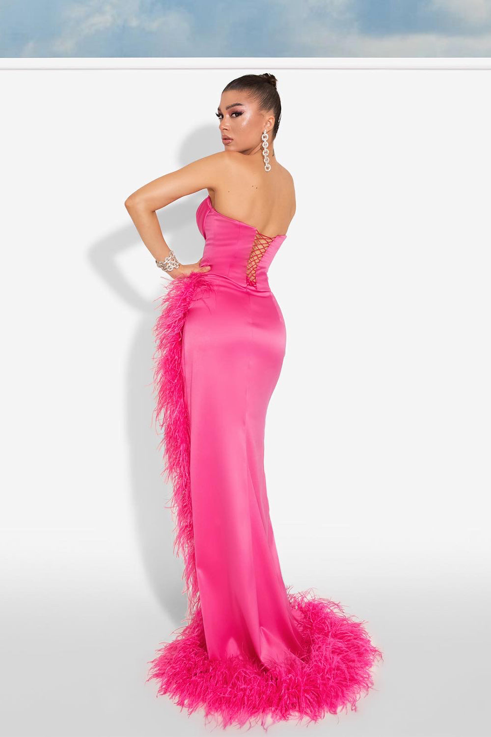 MAXI SKIRT AND CROP TOP SET 2 PARTS VERONICA SATIN FEATHERS HOT PINK