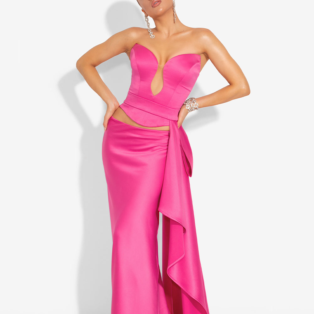 МAXI SET 3 PEZZI TOP CON GONNA IVANNA RASO ROSA BRILLANTE