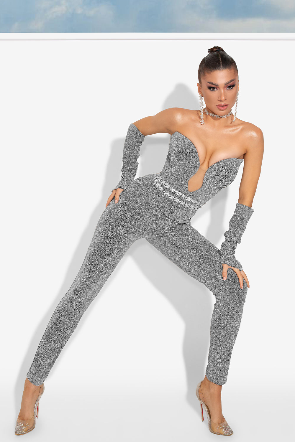 MAXI CROP TOP AND PANTS SET DENVER LAME DARK GREY