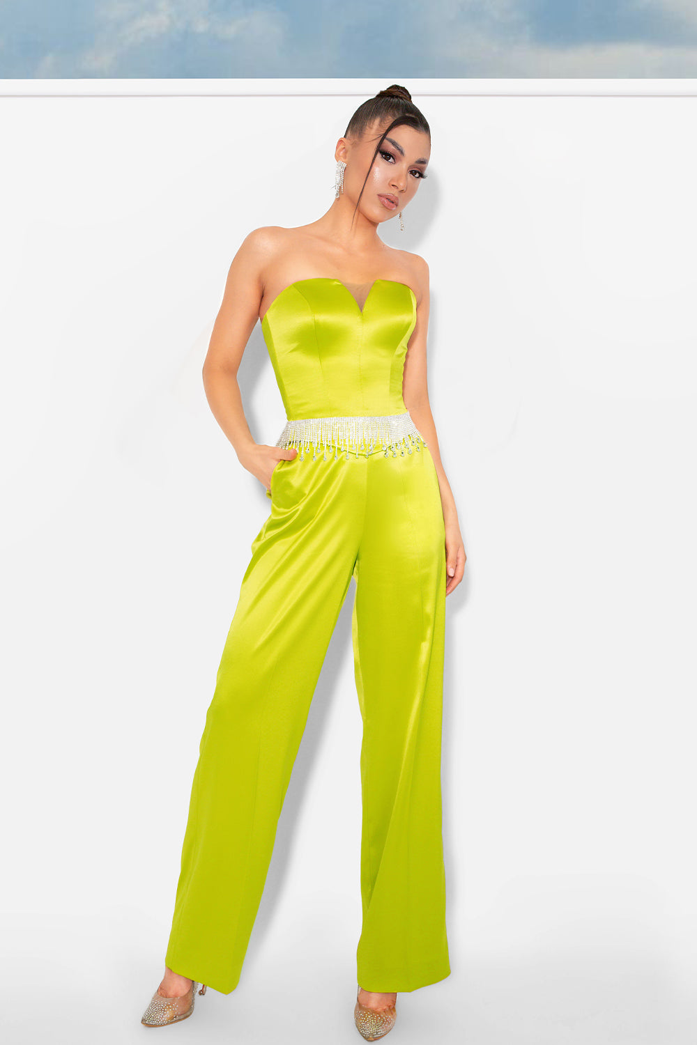 MAXI CROP TOP AND PANTS SET RUTH 3 PARTS SATIN YELLOW