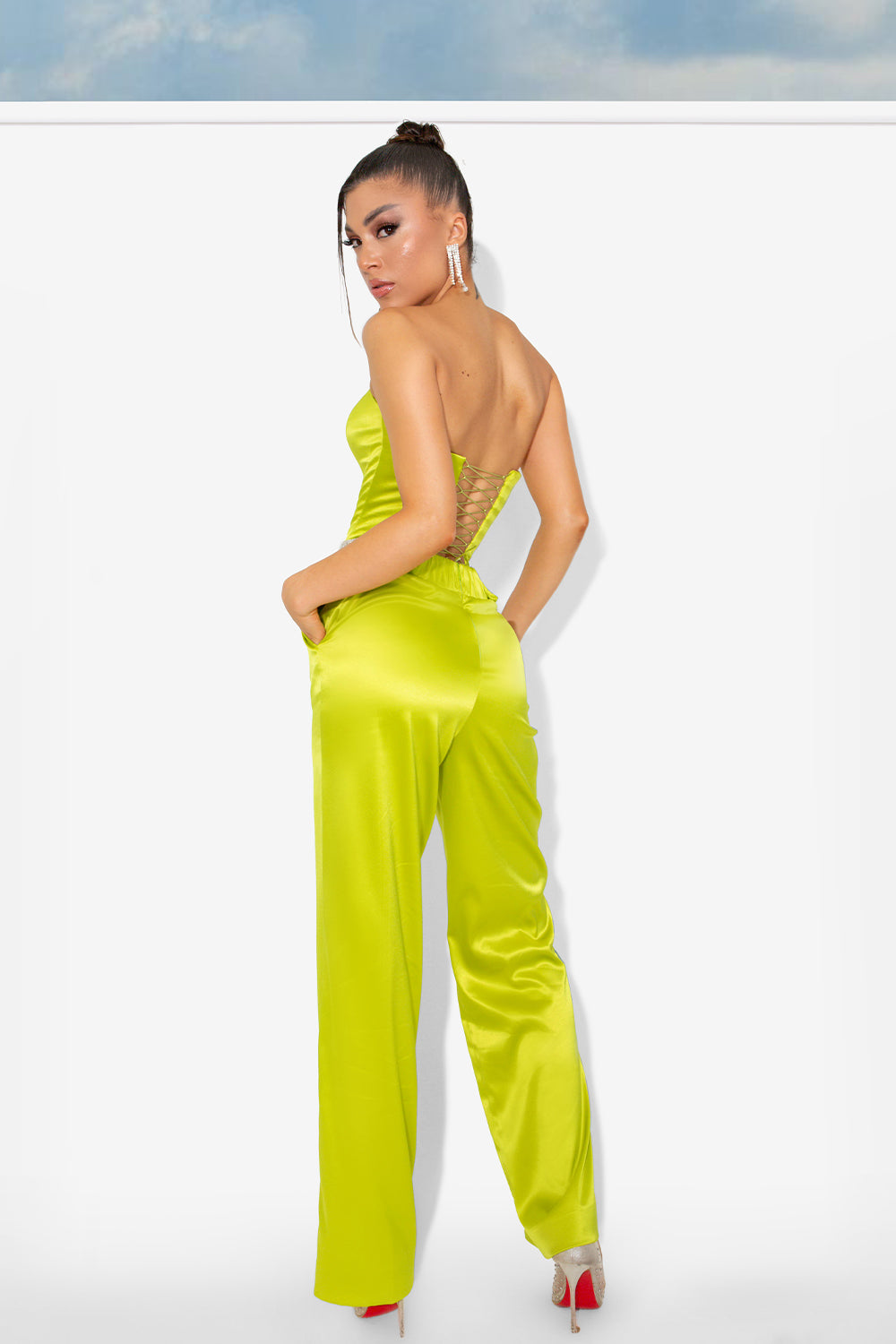 MAXI CROP TOP AND PANTS SET RUTH 3 PARTS SATIN YELLOW