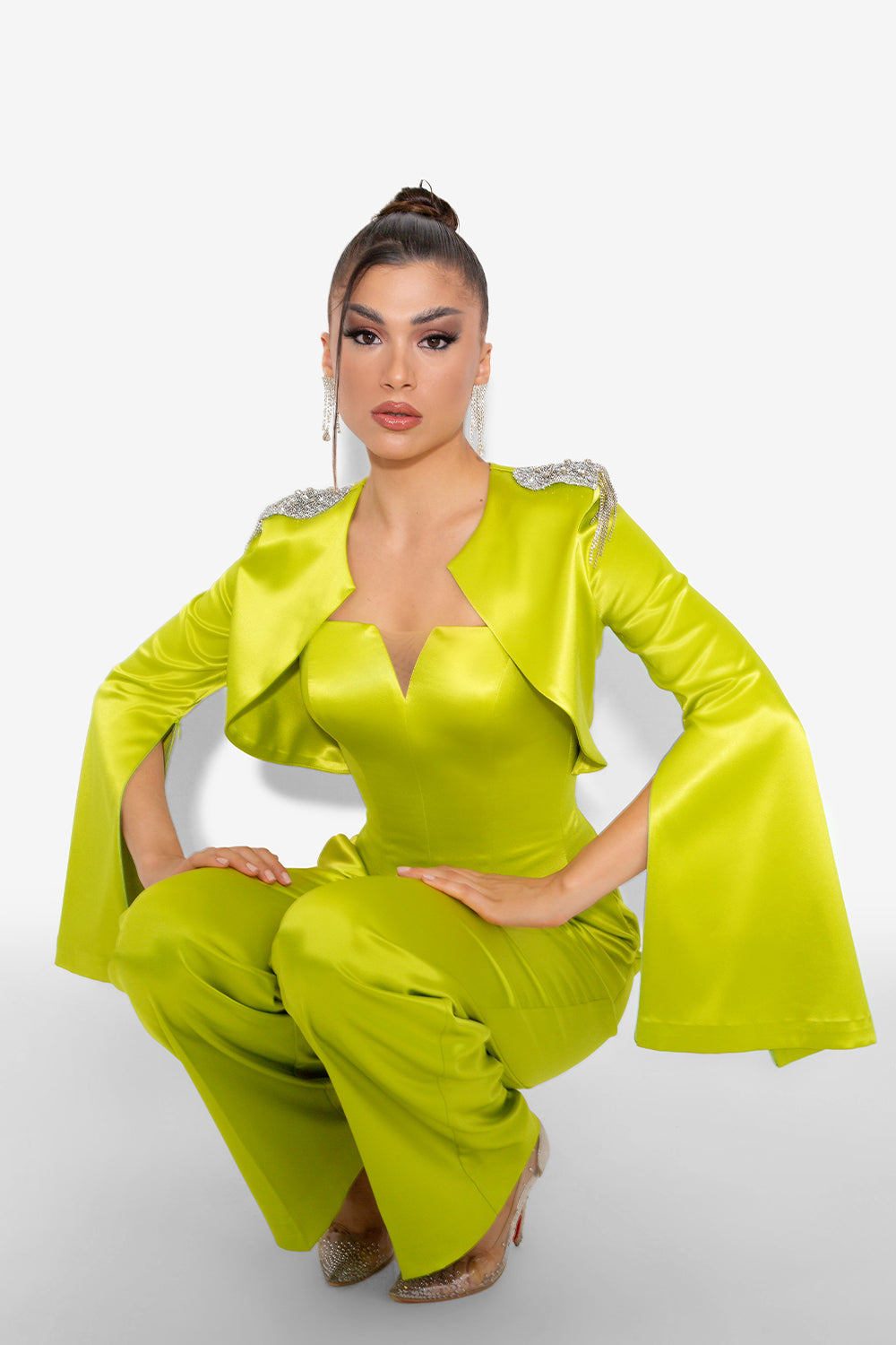 MAXI CROP TOP AND PANTS SET RUTH 3 PARTS SATIN YELLOW