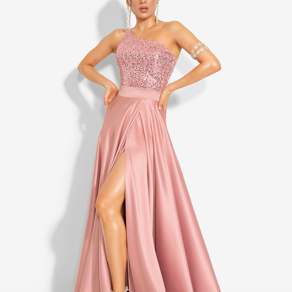 MAXI CONJUNTO 2 PIEZAS TOP CON FALDA ABBY LENTEJUELAS SATÍN POLVO ROSA