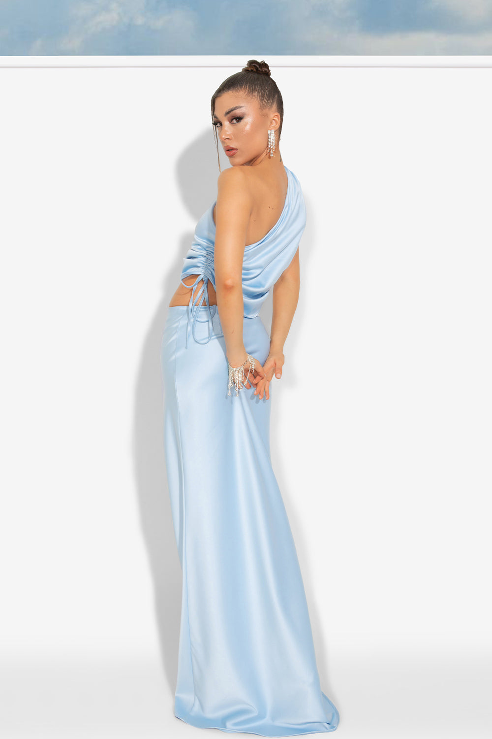 MAXI SKIRT AND CROP TOP SET 2 PARTS ERIN SATIN LIGHT BLUE