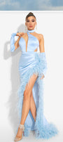 MAXI SKIRT AND CROP TOP SET 3 PARTS WINNIE SATIN FEATHERS LIGHT BLUE