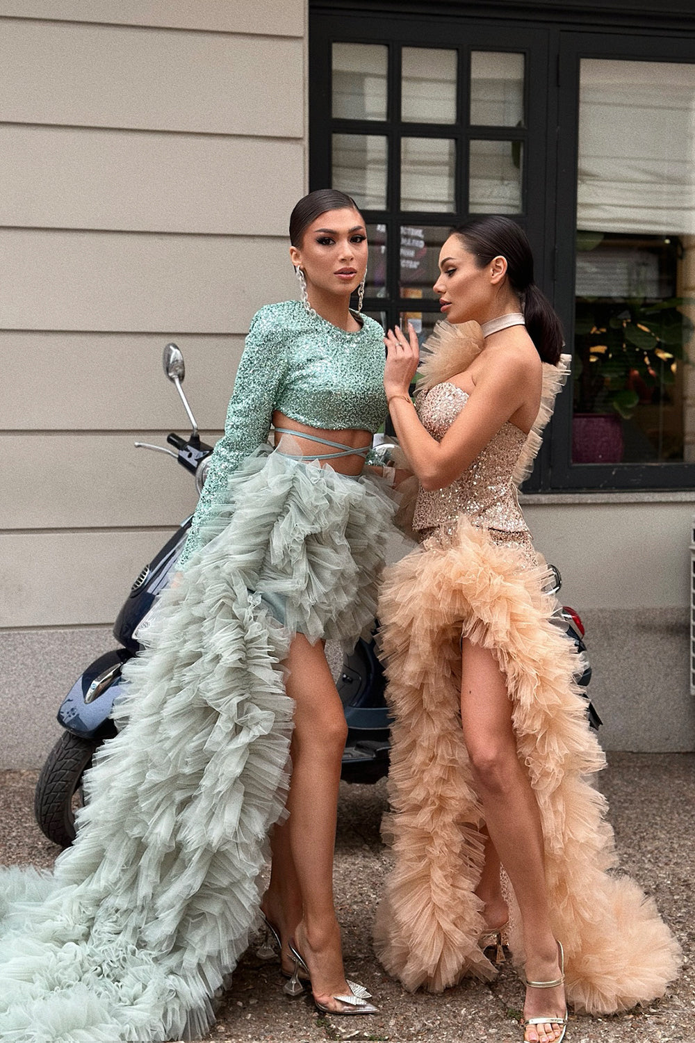 MAXI SKIRT AND CROP TOP SET ALEXIS 3 PARTS SEQUIN TULLE MINT