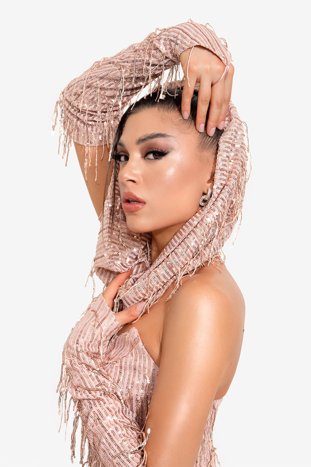 MAXI CROP TOP AND PANTS SET SEQUIN POWDER PINK LILY