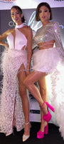 MAXI SKIRT AND CROP TOP SET 2 PARTS ALICIA SATIN GLITTER LACE FEATHERS WHITE AND NUDE