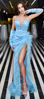 МAXI SET 3 PEZZI TOP CON GONNA MAYBELLE PAILLETTES RASO PIUME BLU CHIARO