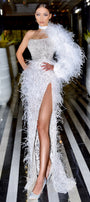 МAXI SET 3 PEZZI TOP CON GONNA TRINITY PAILLETTES PIZZO GLITTERATO PIUME ARGENTO BIANCO CON NUDO