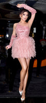 MINI SKIRT AND CROP TOP SET ADDILYN 3 PARTS SEQUIN TULLE POWDER PINK