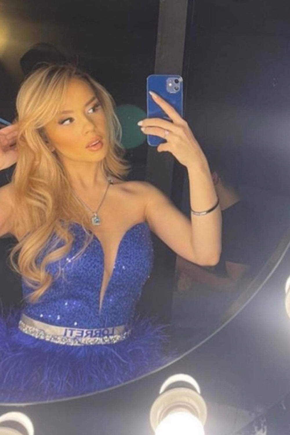 MINI SKIRT AND CROP TOP SET TINKERBELL SEQUIN FEATHERS COBALT BLUE