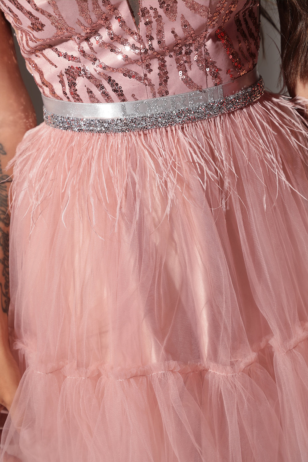 BELT MARABU FEATHERS RHINESTONE POWDER PINK