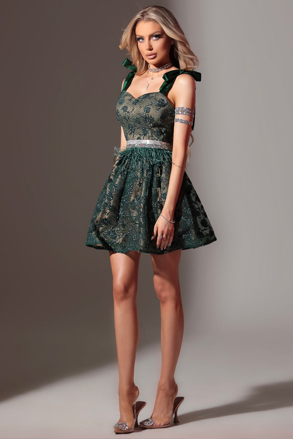 BELT MARABU 12A FEATHERS RHINESTONE DARK GREEN