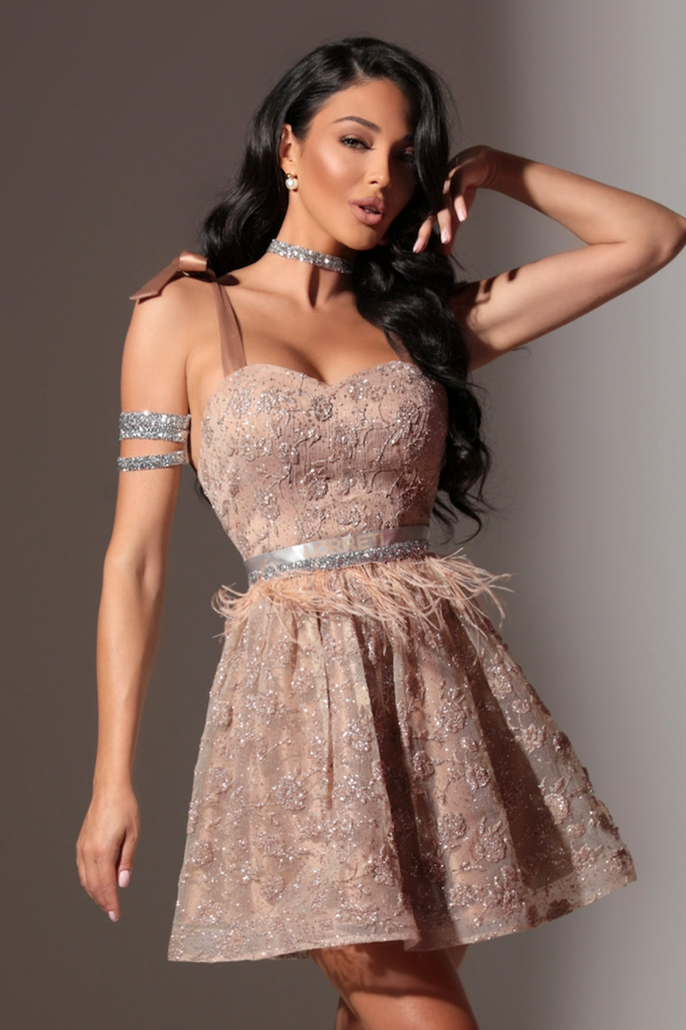 BELT MARABU FEATHERS RHINESTONE CARAMEL