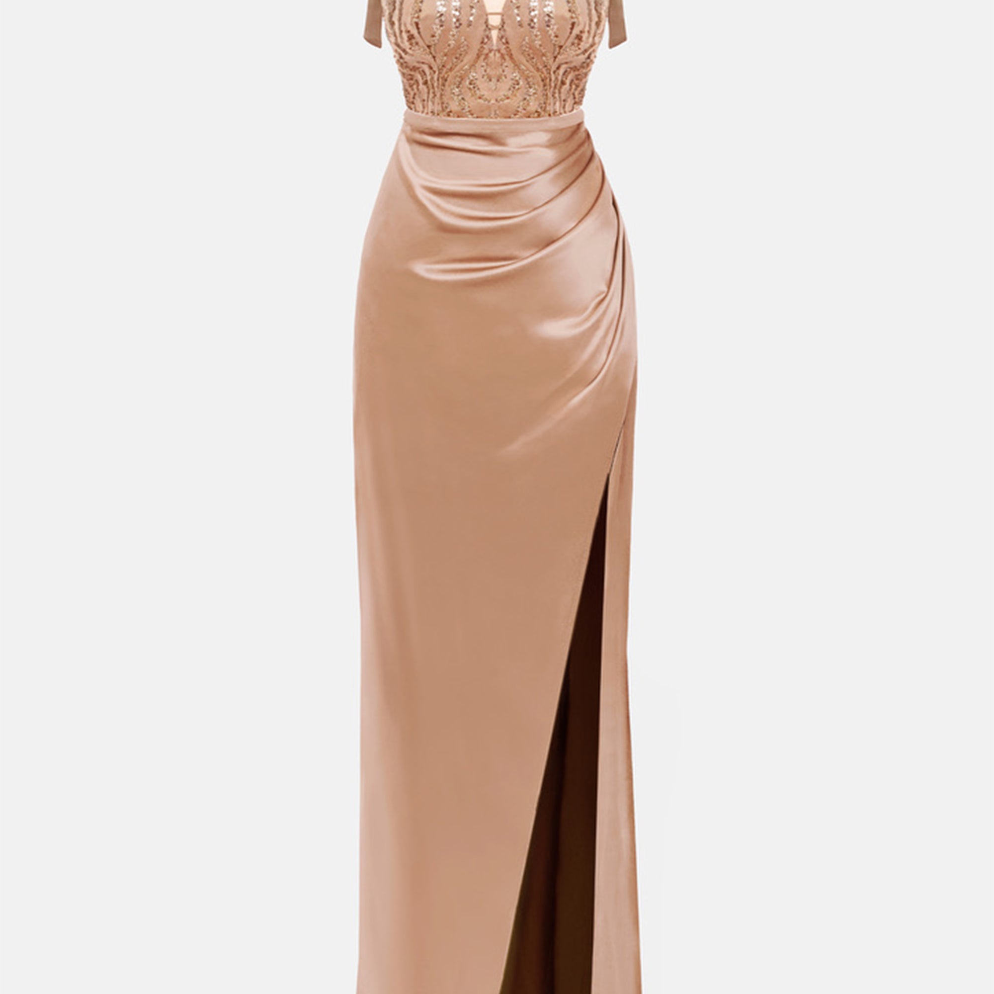 MAXI CONJUNTO TOP CON FALDA BIANCA ЕNCAJE SATÍN DORADO