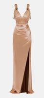 MAXI CONJUNTO TOP CON FALDA BIANCA ЕNCAJE SATÍN DORADO