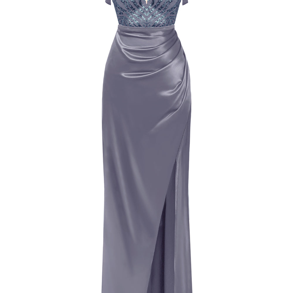 MAXI CONJUNTO TOP CON FALDA BIANCA ЕNCAJE BRILLANTE SATÍN GRIS OSCURO