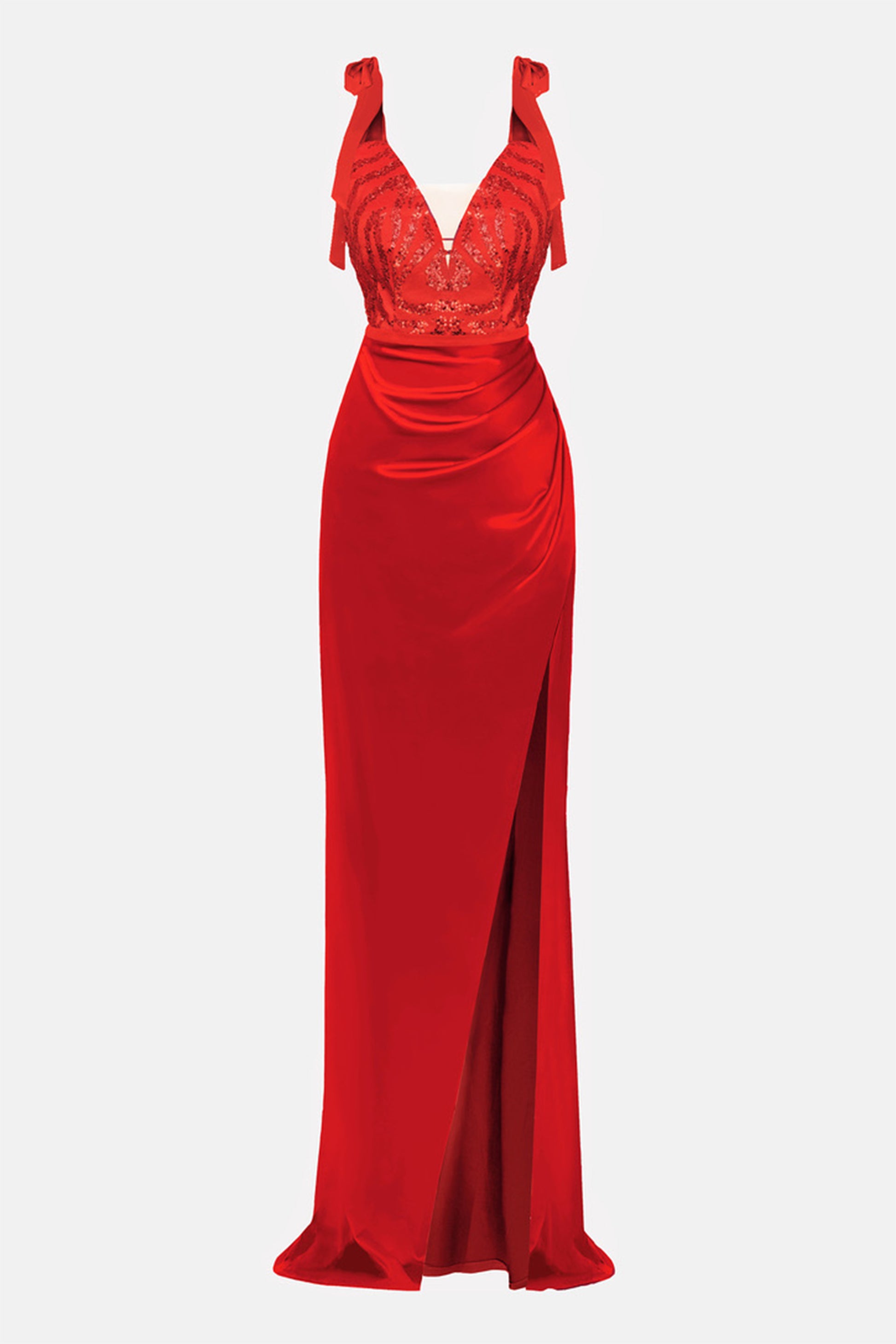 MAXI VESTIDO BIANCA ЕNCAJE SATÍN ROJO