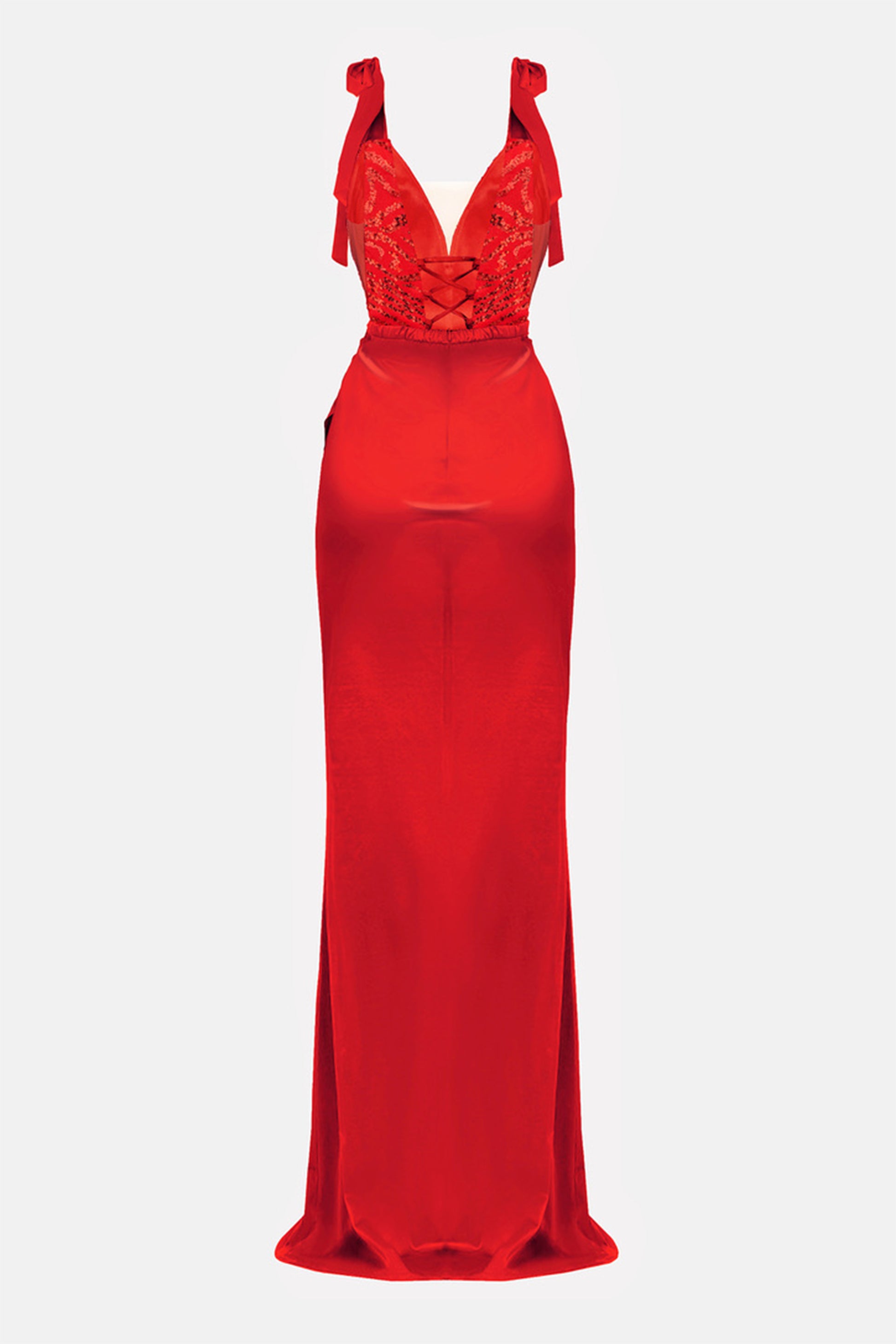 MAXI VESTIDO BIANCA ЕNCAJE SATÍN ROJO