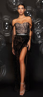 MAXI SET TOP CU FUSTA LESLIE DANTELA GLITTER PENE ARGINTIU ȘI NUDE