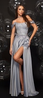 MAXI SKIRT AND CROP TOP SET ELIANA GLITTER LACE SATIN SILVER